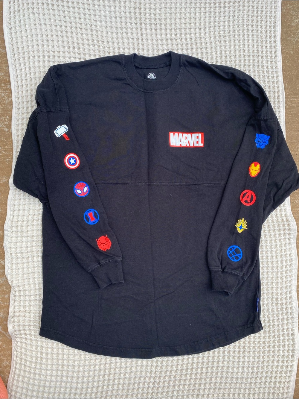 Spirit Jersey Disney Marvel Black Long Sleeve Tee with Multicolor Sleeve Icons